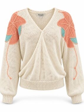 Signature Cream V-Neck Sweater with Coral and Teal Floral Shoulders